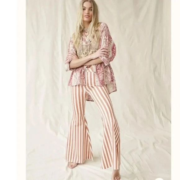 NWT Free People Just Float On Pants Jeans Flare Bell Bottoms Rust Stripe 30 - Picture 4 of 12